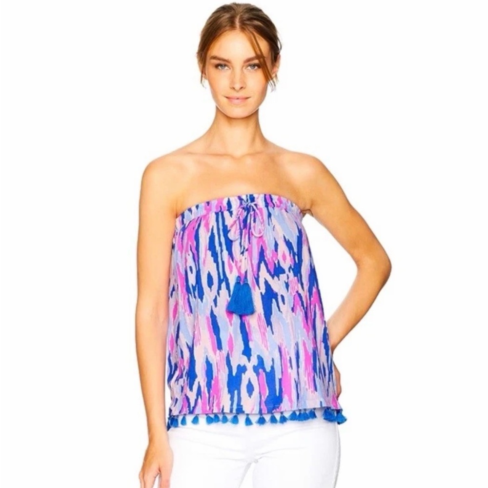 Lilly Pulitzer Strapless Top Blue Palma Amethyst One Too Many Ikat Tassel XL